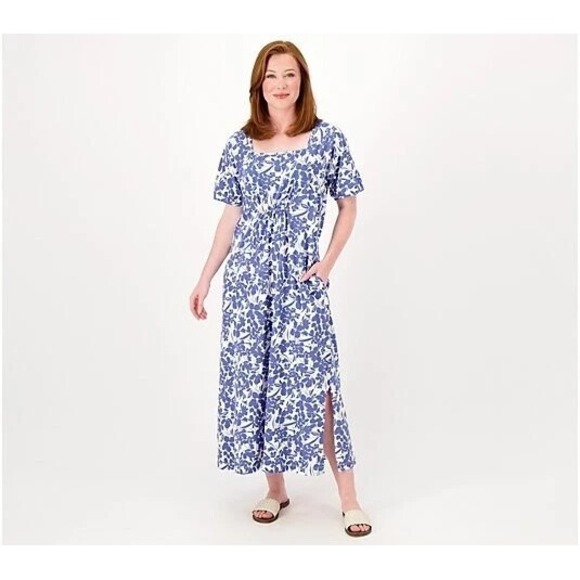 Stan Herman  Maxi Dress Printed Floral‎ Knit Jersey Square Neck-Cool Denim-3X - Picture 1 of 7